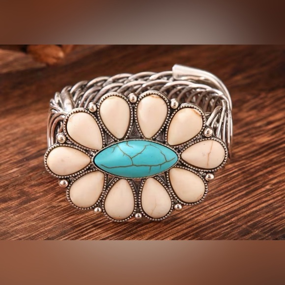 Jewelry - Western Turquoise & White Stone Silver-Tone Flower Cuff Bracelet Cowgirl Style